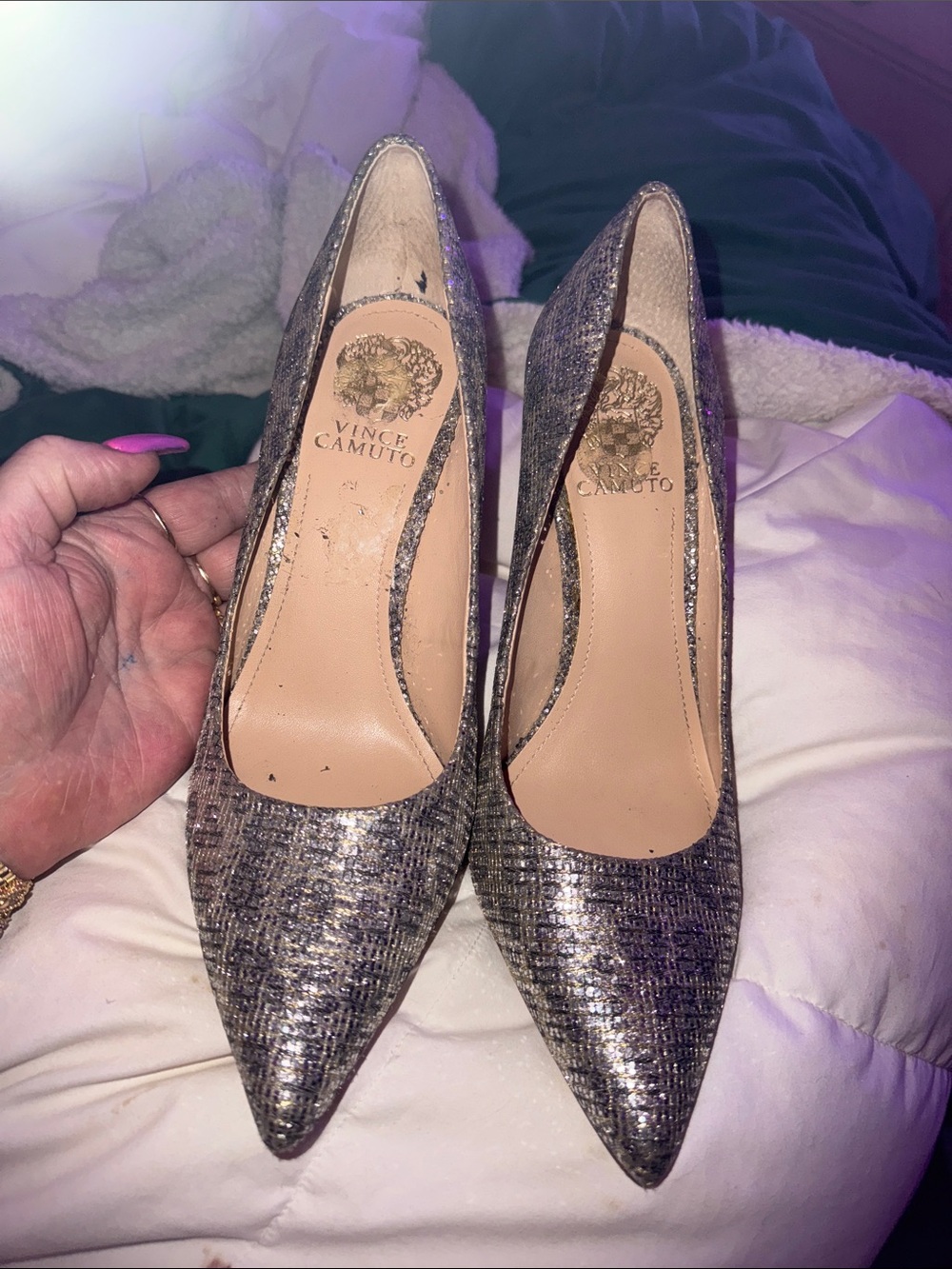 Vince Camuto Metallic Textured Pointed-Toe Pumps - Silver/Brown